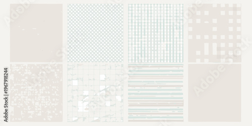 Abstract geometric patterns in pastel shades arranged in a grid format