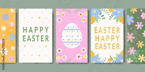 Colorful easter card designs with floral patterns and festive greetings
