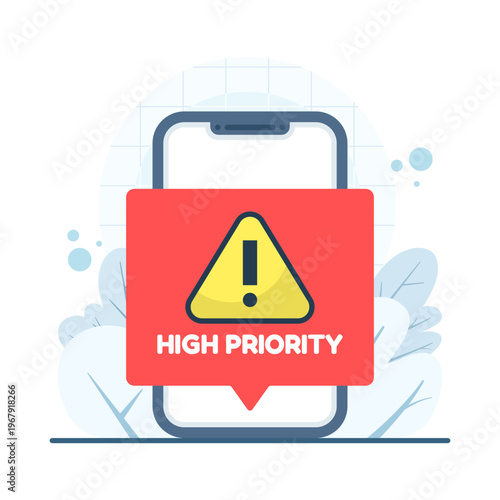 Flat vector of smartphone receiving urgent message alert, high priority notification, mobile push alert, warning signal, and communication system illustration.