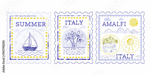Three illustrated postage stamps depicting summer scenes from Italy