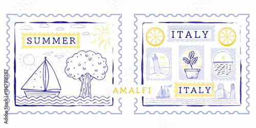 Two illustrated postage stamps depict summer scenes and italian landmarks