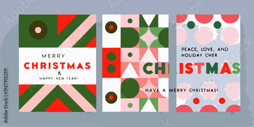 Three festive christmas cards with geometric patterns and holiday greetings