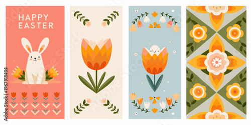 A collection of four colorful vertically oriented easter themed illustrations