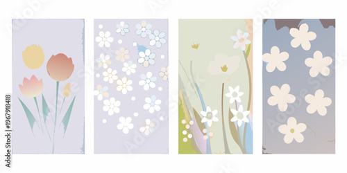 Four vertical panels display abstract floral designs in pastel colors