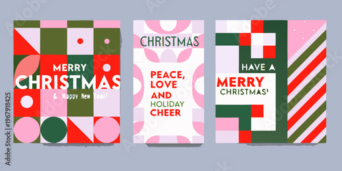 Three colorful geometric christmas card designs with festive greetings