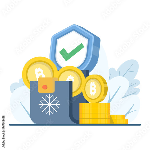 Fintech concept illustration, crypto cold wallet for offline storage, secure digital asset protection, blockchain security, and hardware wallet vector design.