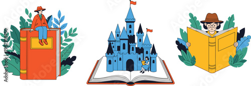 Creative, book, illustration, set, featuring, fantasy, castle, reading, people, and, nature, elements, for, education, storytelling, imagination, literature, library, vector, art.