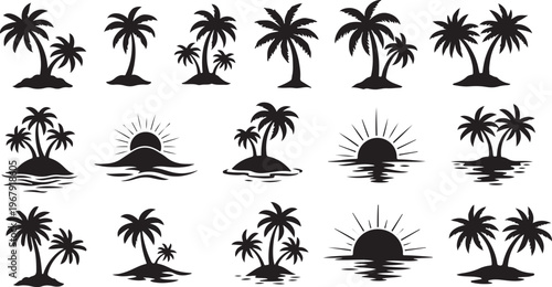Black silhouettes of palm trees and tropical islands at sunset