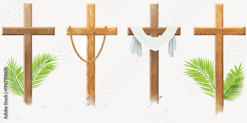 Four wooden crosses with religious symbols representing easter and christianity