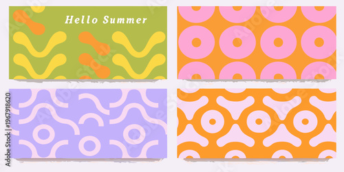 Four colorful patterned backgrounds with abstract shapes and vibrant hues
