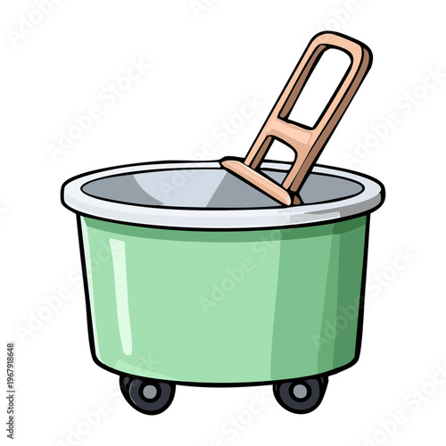 Mint green cleaning bucket with wooden handle and soapy water for household chores and professional janitorial service equipment flat cartoon vector illustration