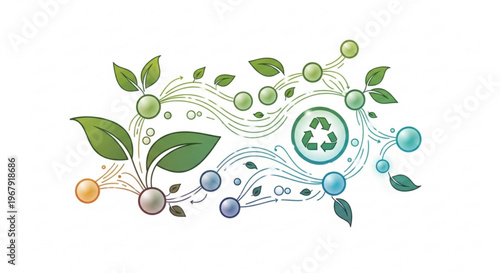Vibrant abstract illustration symbolizing eco friendly sustainability renewable energy and organic growth with interconnected colorful spheres swirling lines fresh green