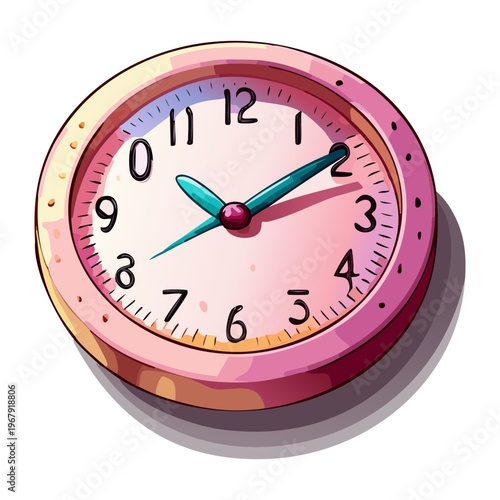 Simple pink wall clock with blue hands and minimal design for modern interior decoration and timekeeping concept cartoon flat vector illustration art