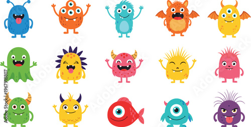 Set of fifteen cute colorful monster cartoon characters, funny alien creatures with various expressions, adorable mascot illustrations for kids design.