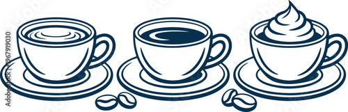 Three cups of coffee with whipped cream and coffee beans