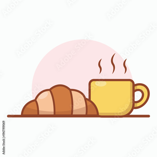 croissant and a cup of hot coffee cartoon vector illustration isolated on white background 