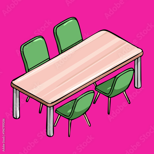 professional meeting room long table with chairs on bright pink backdrop for creative agency office interior furniture conceptual business discussion area