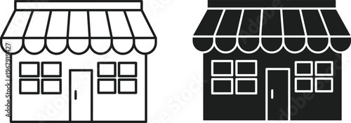 Storefront building icon set with awning, small business shop facade in line art and silhouette styles, retail marketplace vector illustrations.