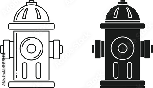 Fire, hydrant, icon, set, showing, outline, and, silhouette, styles, for, emergency, safety, firefighting, equipment, city, infrastructure, vector, isolated, on, white, background.