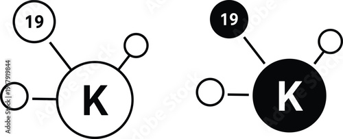 Potassium chemical element atom icons, periodic table symbol K with atomic number nineteen, black and white minimalist scientific molecular vector illustrations.