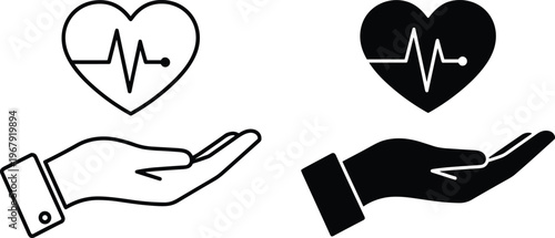 Heartbeat pulse icon on hand, healthcare and medical insurance concept, cardiac care symbol for charity, life support, and health wellness.
