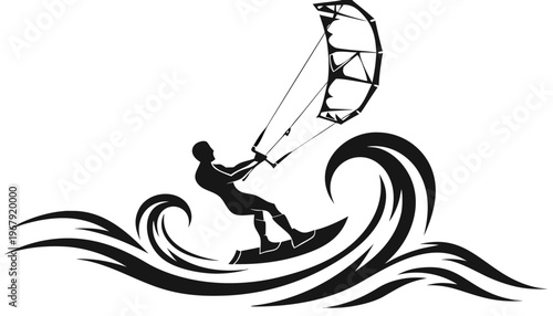 Kitesurfer Silhouette Vector – Dynamic Kiteboarding on Waves Black and White Illustration