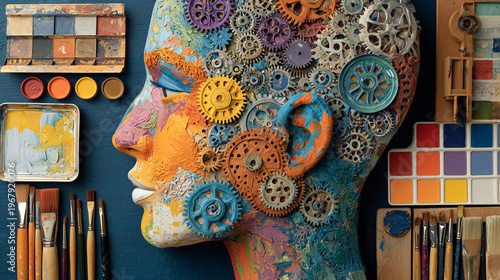 Artistic composition human head paint vivid color interwoven gear brushstroke symbolize fusion creativity mechanical thought.