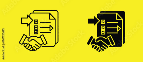 Task delegation icon collection in outline and solid style illustrating task assignment, responsibility sharing and team workflow for business, design and presentation use.