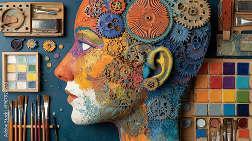 Artistic composition human head paint vivid color interwoven gear brushstroke symbolize fusion creativity mechanical thought.