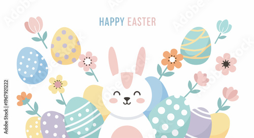 Cute cartoon Easter bunny with pastel eggs and colorful flowers, celebrating the spring holiday season.