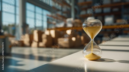 An hourglass sits on a table in a warehouse setting with boxes and shelving in the background to measure time
