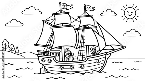 Whimsical Pirate Ship Sailing on Sunny Ocean Waters with Cheerful Crew and Fluffy Clouds Ideal for Children's Coloring Pages and Nautical Themed Designs