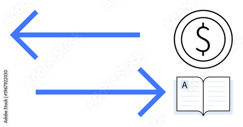 Financial transactions, trade, knowledge exchange, digital economy, business education, globalization. Two arrows pointing in opposite directions, a dollar sign and an open book. Financial