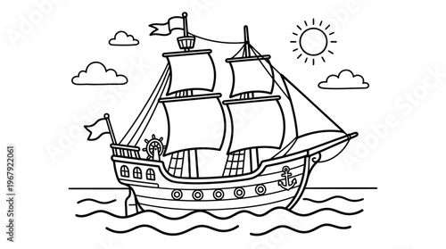 Whimsical Line Art Sailing Ship Adrift on the Sparkling Ocean Waves Under a Bright Sunny Sky Perfect for Children's Coloring Pages and Nautical Themed Designs.