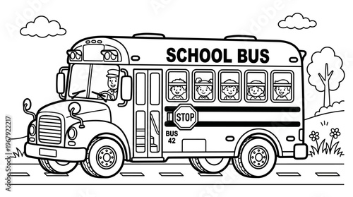 Adorable Children in a Classic Yellow School Bus Ready for Education and Adventure on a Sunny Day Symbolizing Transportation and Childhood Learning Experiences.