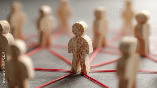 A central figure connects with multiple people through red lines representing relationships or communication in a social network or community