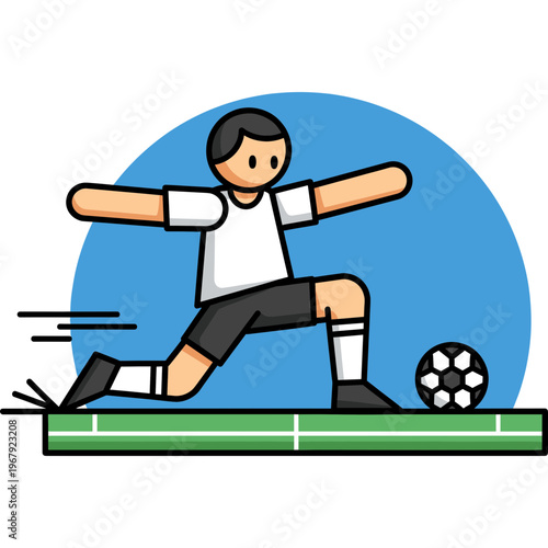 Man kicks soccer ball on green field in daytime action scene