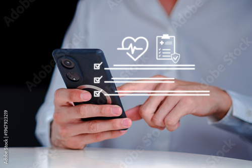 Person using smartphone to manage digital health checklist with medical icons, representing telemedicine, health monitoring, patient data tracking, and mobile healthcare technology lifestyle