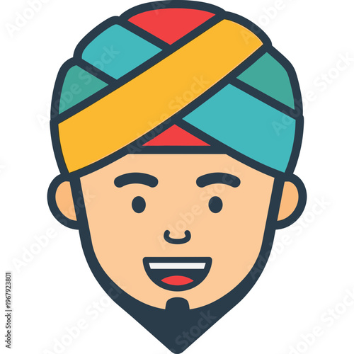 Illustration of smiling man wearing colorful turban facing forward