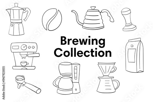 Coffee Brewing Equipment Vector Set, Barista Tools Collection with Espresso Machine, Grinder, Dripper and Moka Pot