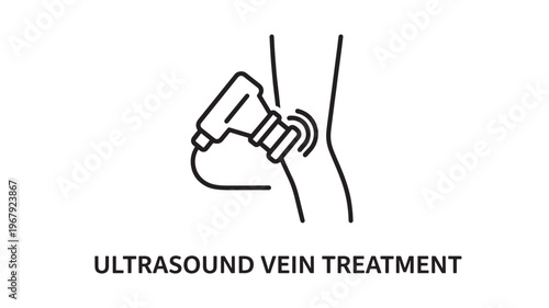 Ultrasound Vein Treatment Medical Illustration: Minimalist Vector Line Art of Diagnostic Sonography Scanner on a Human Leg, Symbolic Healthcare Graphic for Vascular Health, Phlebology Clinics, and Var