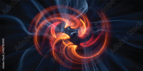 Abstract glowing orange and blue swirling light design on dark background