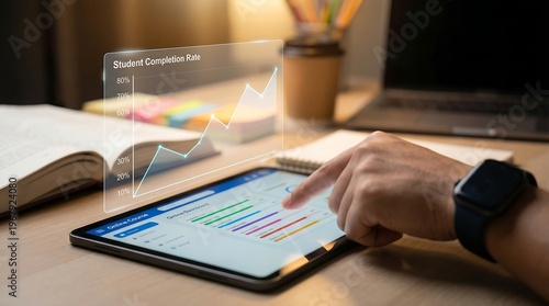 Hand reviewing academic progress data on tablet, holographic student completion rates, e-learning analytics and technology for learning insights