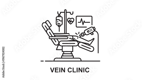 Vein Clinic Icon Depicting Laser Treatment for Varicose Veins on Patient Leg in Medical Chair with IV Drip and Heart Rate Monitor; Professional Healthcare Illustration for Phlebology and Vascular Care