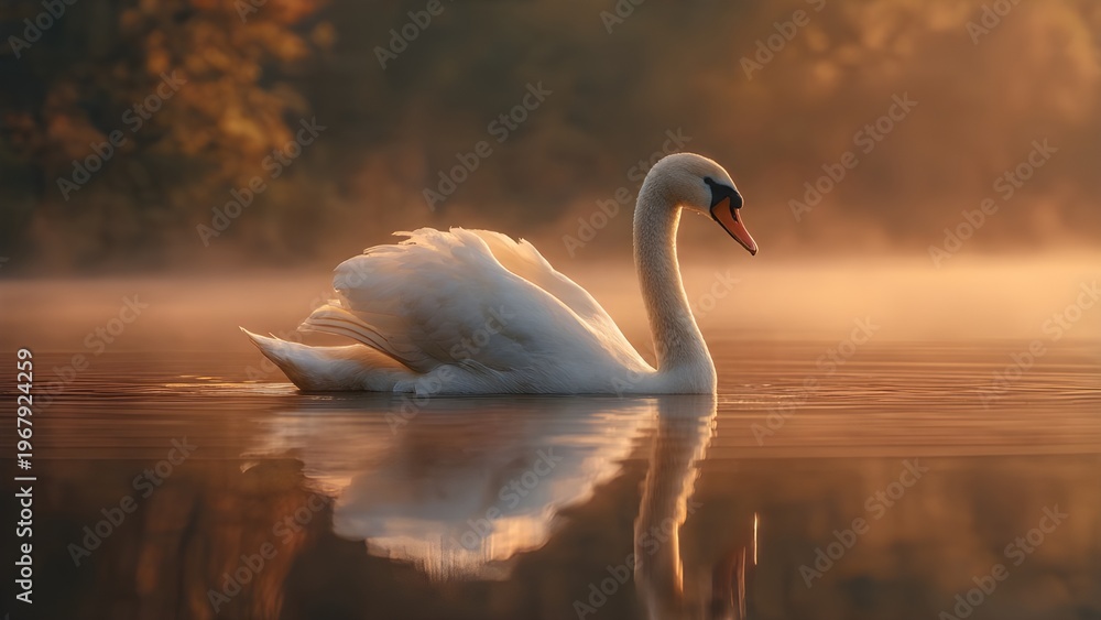 Fototapeta premium Elegant white swan floating gracefully on misty lake during golden sunrise