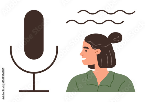 Communication, podcasting, broadcasting, audio production, voice recording, modern media. Woman facing a microphone with sound waves. Communication and podcasting concept