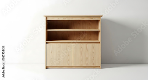 A light wood cabinet with two shelves and closed storage