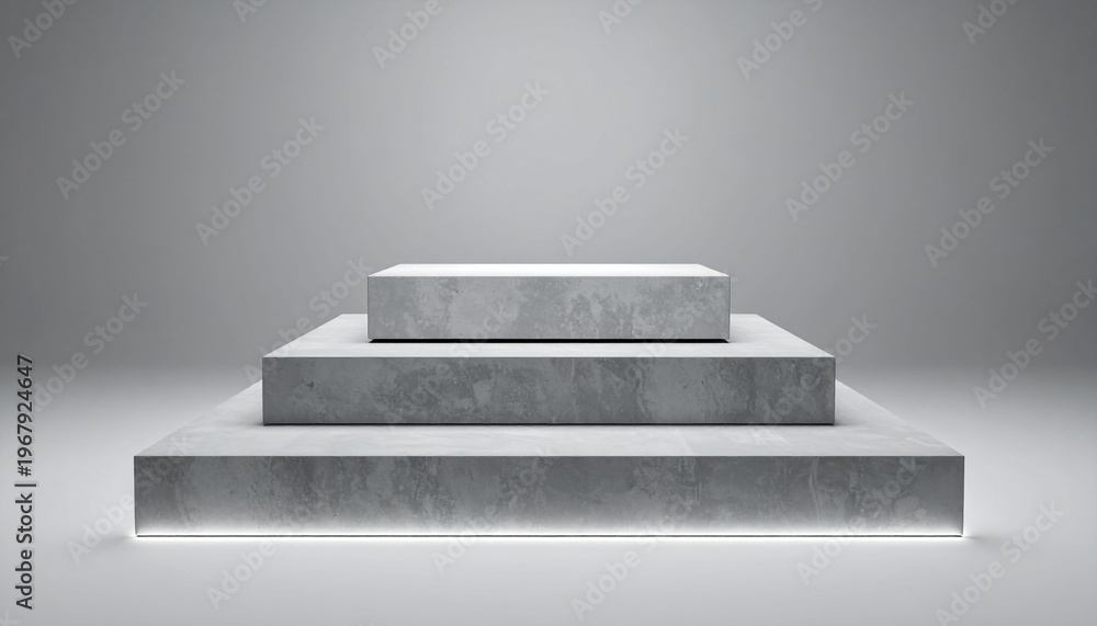 Obraz premium Minimalist three-tiered concrete podium with subtle lighting on a grey background, perfect for product display or abstract concepts.