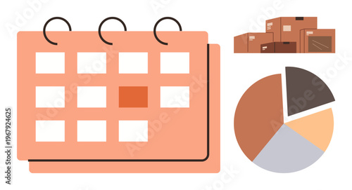 Business planning, logistics, scheduling, delivery management, inventory tracking, data analysis. Flat design showing calendar, pie chart and stacked packages. Logistics and scheduling concept