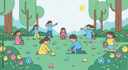 Children enjoying an Easter egg hunt in a sunny park with trees and colorful flowers.